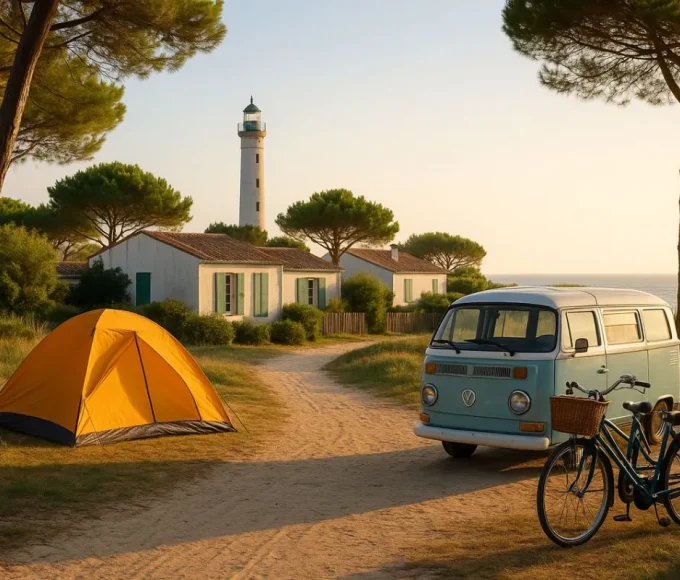 Campsite convivial au lever du soleil sur l’Île de Ré, avec phare, tente, van vintage et vélos face à l’océan