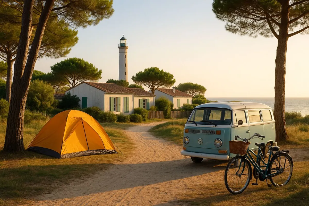 Campsite convivial au lever du soleil sur l’Île de Ré, avec phare, tente, van vintage et vélos face à l’océan